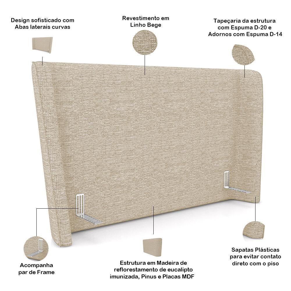 Cabeceira Casal Nilo 195cm Com Cama Pés Madeira Suném P05 Linho Bege - Lyam Decor - 3
