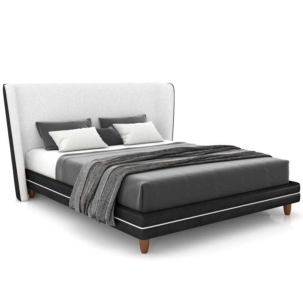 Cabeceira Casal Nilo 195cm Com Cama Pés Madeira Suném P05 Couríssimo Preto Bouclê Cru - Lyam Decor - 1