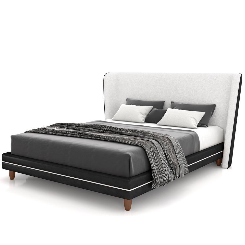 Cabeceira Casal Nilo 195cm Com Cama Pés Madeira Suném P05 Couríssimo Preto Bouclê Cru - Lyam Decor - 9