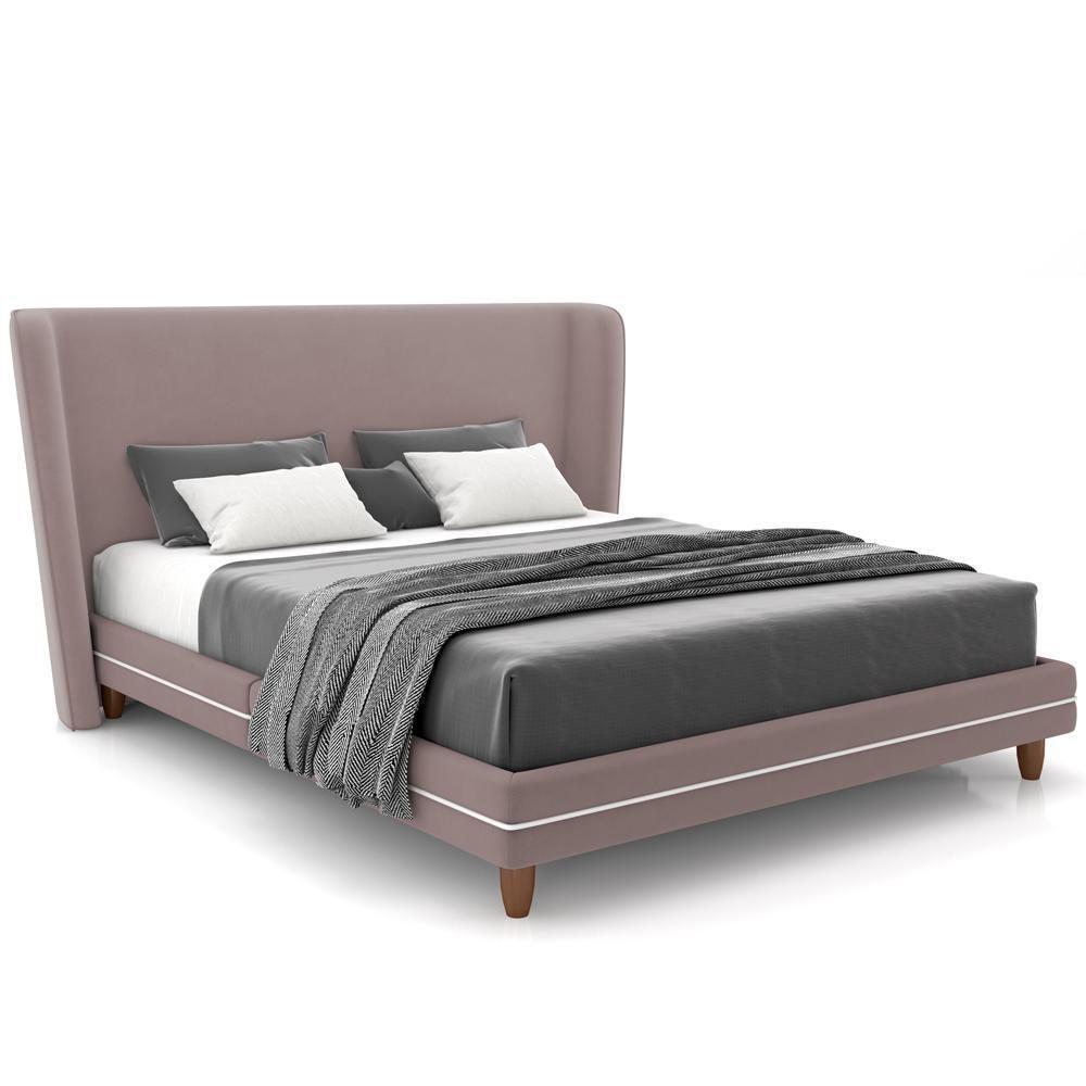 Cabeceira Casal Nilo 195cm Com Cama Pés Madeira Suném P05 Veludo Rosê - Lyam Decor - 1