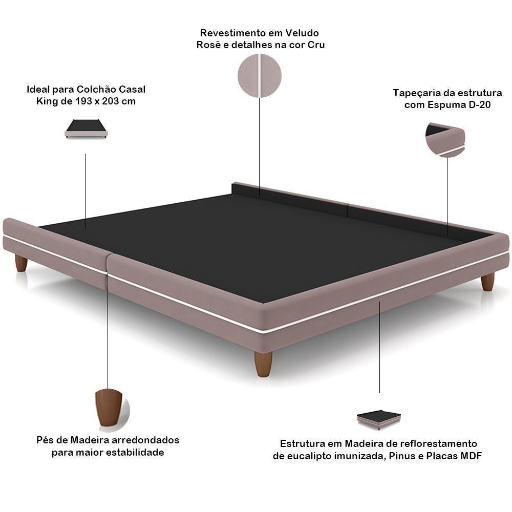 Cabeceira Casal Nilo 195cm Com Cama Pés Madeira Suném P05 Veludo Rosê - Lyam Decor - 4