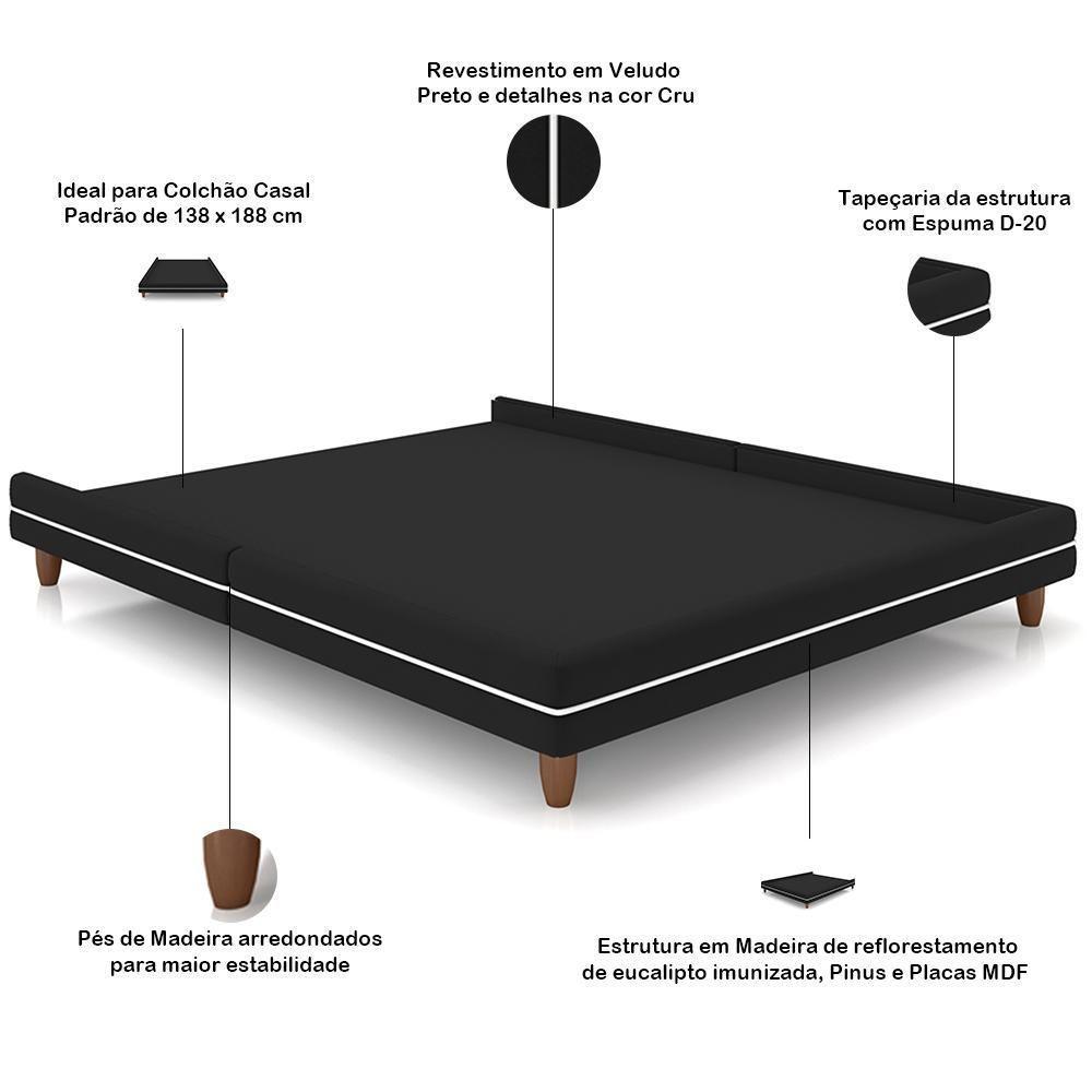 Cama Casal Base Box Pés Madeira 148cm Suném P05 Veludo Preto - Lyam Decor - 3