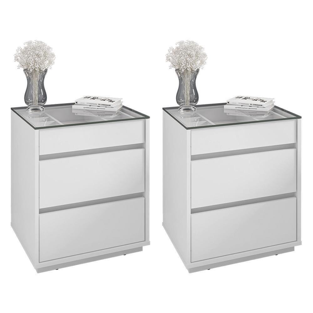 Kit 2 Mesas De Cabeceira Belize 3 Gavetas Branco - Casa D Branco - 1