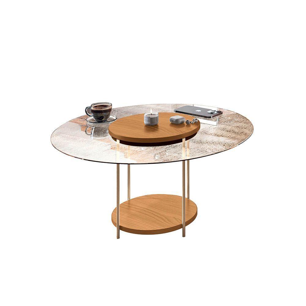 Mesa De Centro Redonda Tampo De Vidro Pés Metálicos Mia Cinamomo H01 - D'rossi - 1