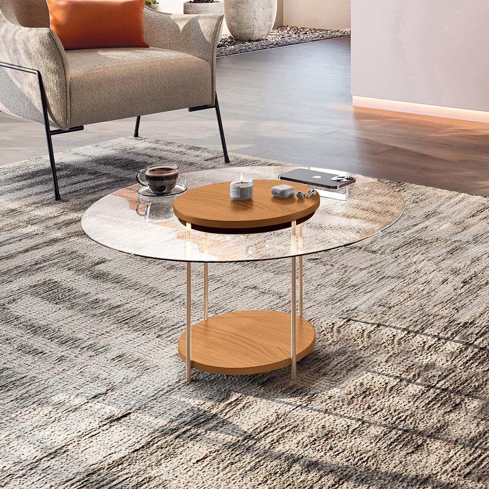 Mesa De Centro Redonda Tampo De Vidro Pés Metálicos Mia Cinamomo H01 - D'rossi - 2