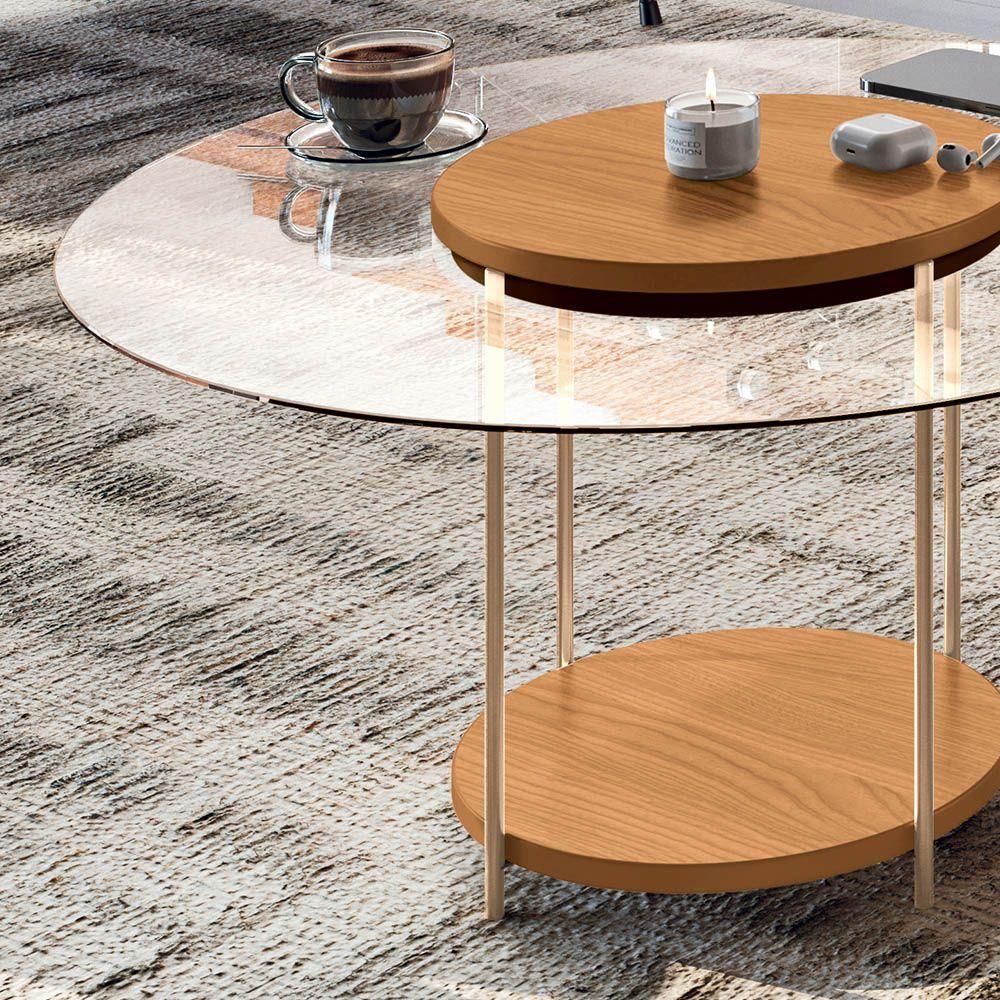 Mesa De Centro Redonda Tampo De Vidro Pés Metálicos Mia Cinamomo H01 - D'rossi - 4