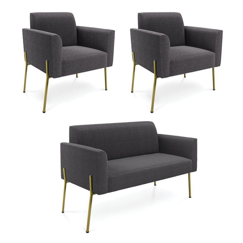 Namoradeira E 2 Poltronas Pé Ferro Dourado Marisa Bouclê Grafite D03 - D'rossi - 1