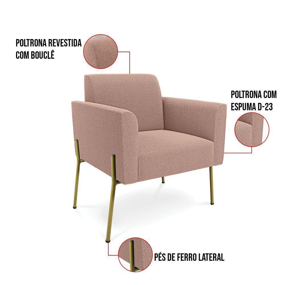 Poltrona Sala Estar Pé Ferro Dourado Kit 2 Marisa Bouclê Rosê D03 - D'rossi - 3