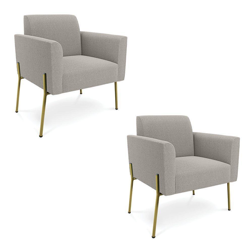 Poltrona Sala Estar Pé Ferro Dourado Kit 2 Marisa Bouclê Cinza D03 - D'rossi - 1