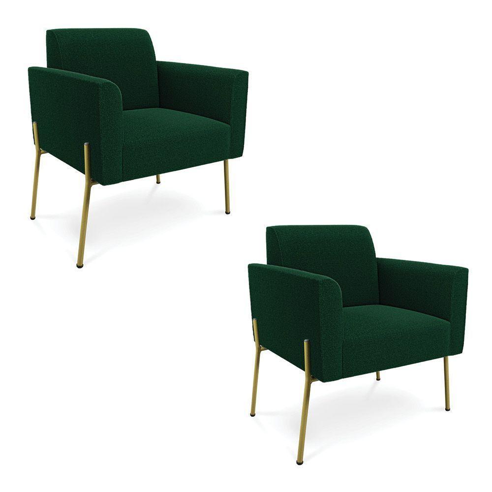 Poltrona Sala Estar Pé Ferro Dourado Kit 2 Marisa Bouclê Verde D03 - D'rossi - 1