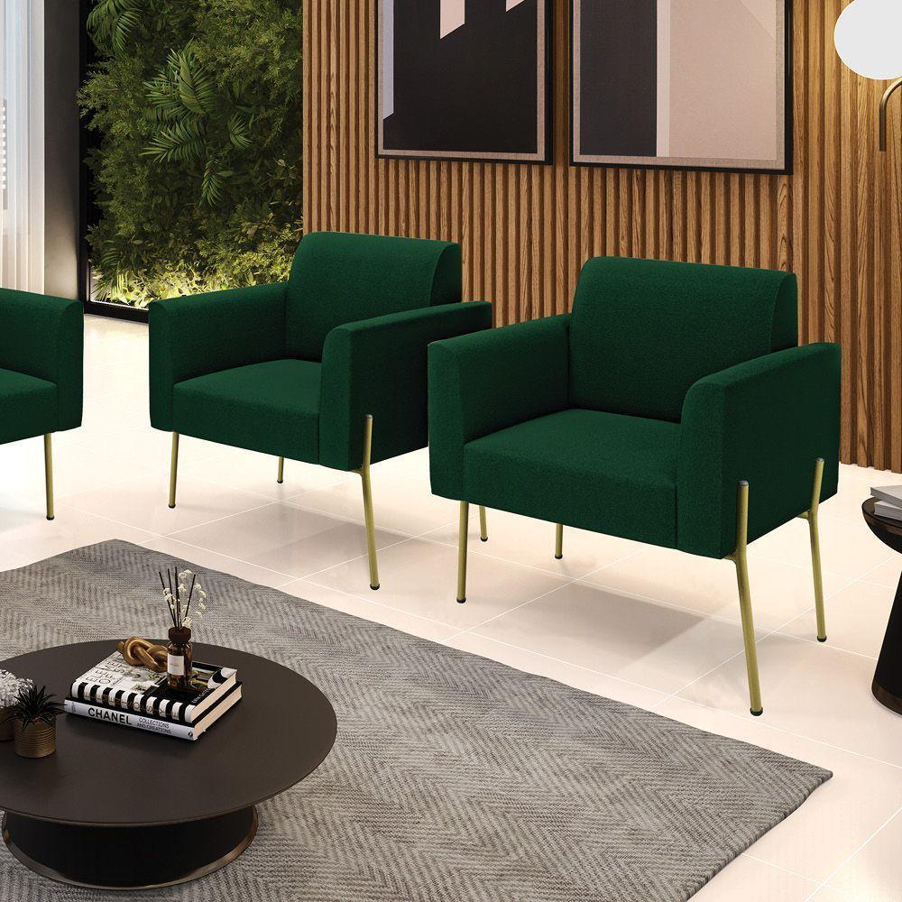 Poltrona Sala Estar Pé Ferro Dourado Kit 2 Marisa Bouclê Verde D03 - D'rossi - 2