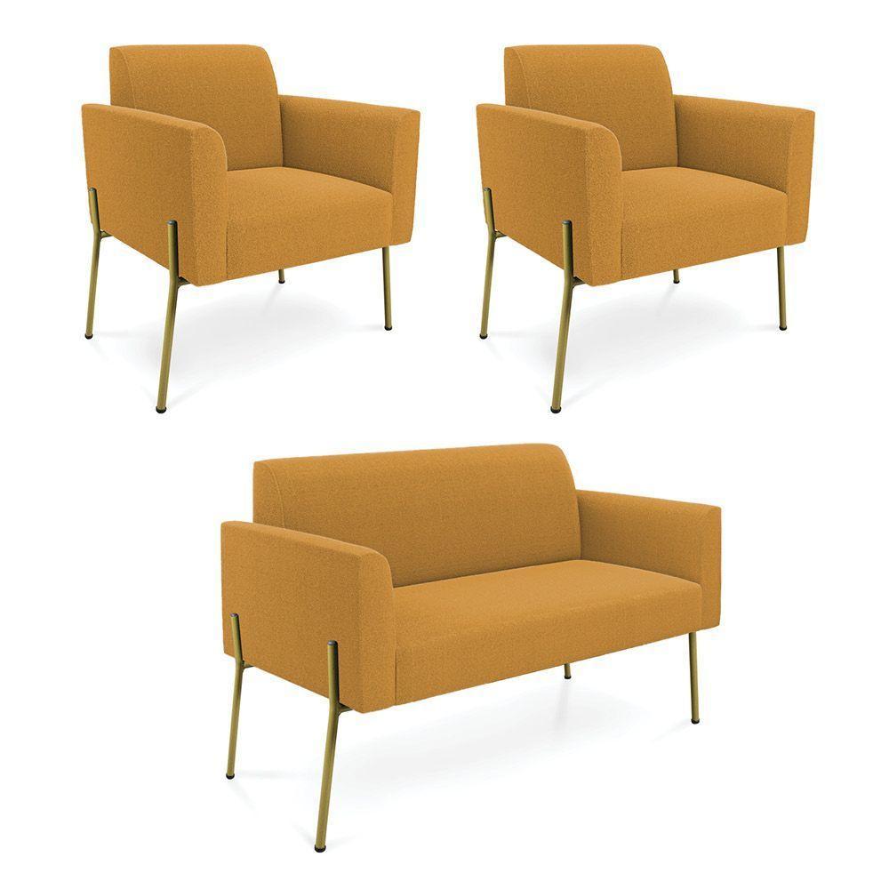 Namoradeira E 2 Poltronas Pé Ferro Dourado Marisa Bouclê Mostarda D03 - D'rossi - 1