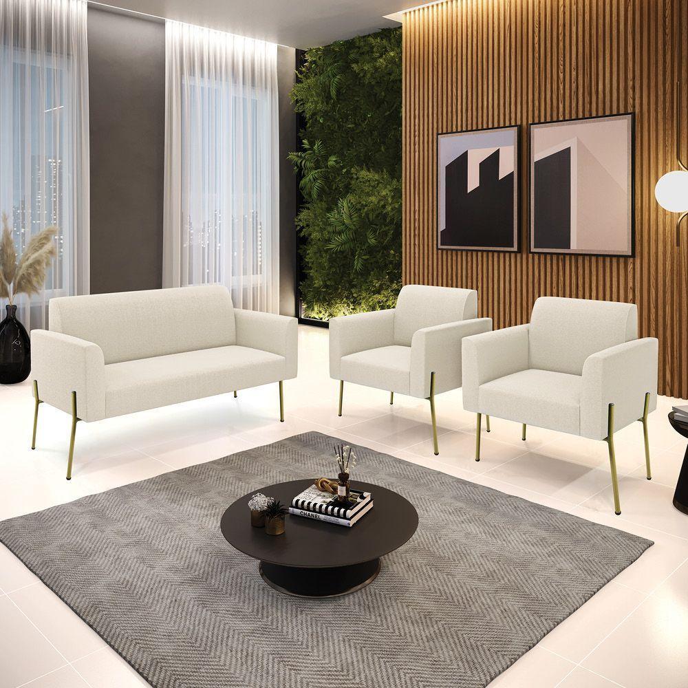 Namoradeira E 2 Poltronas Pé Ferro Dourado Marisa Bouclê D03 - D'rossi Cor Cinza - 2