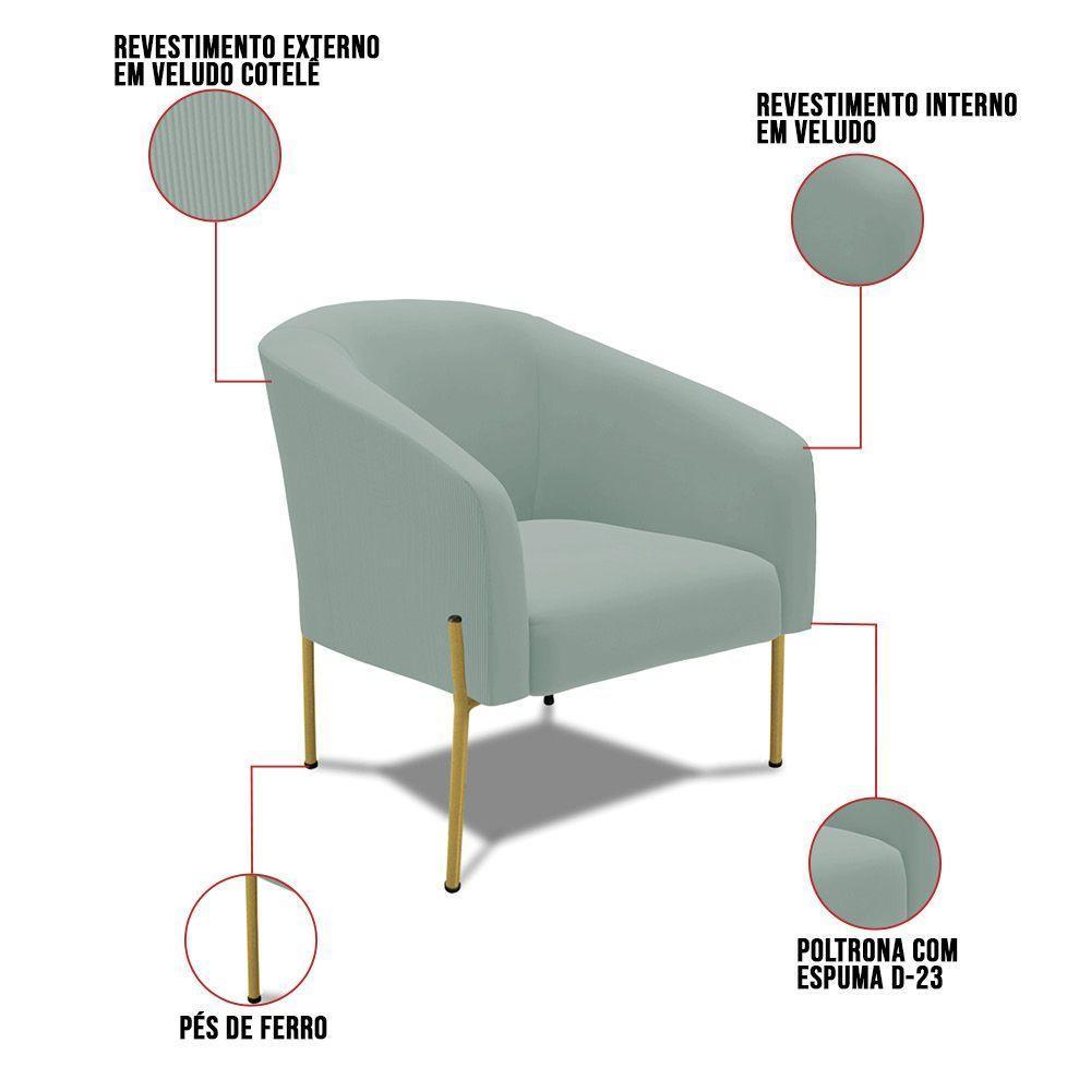 Poltrona Decorativa Pé De Ferro Dourado Stella Cotelê Ext/veludo Menta D03 - D'rossi - 3