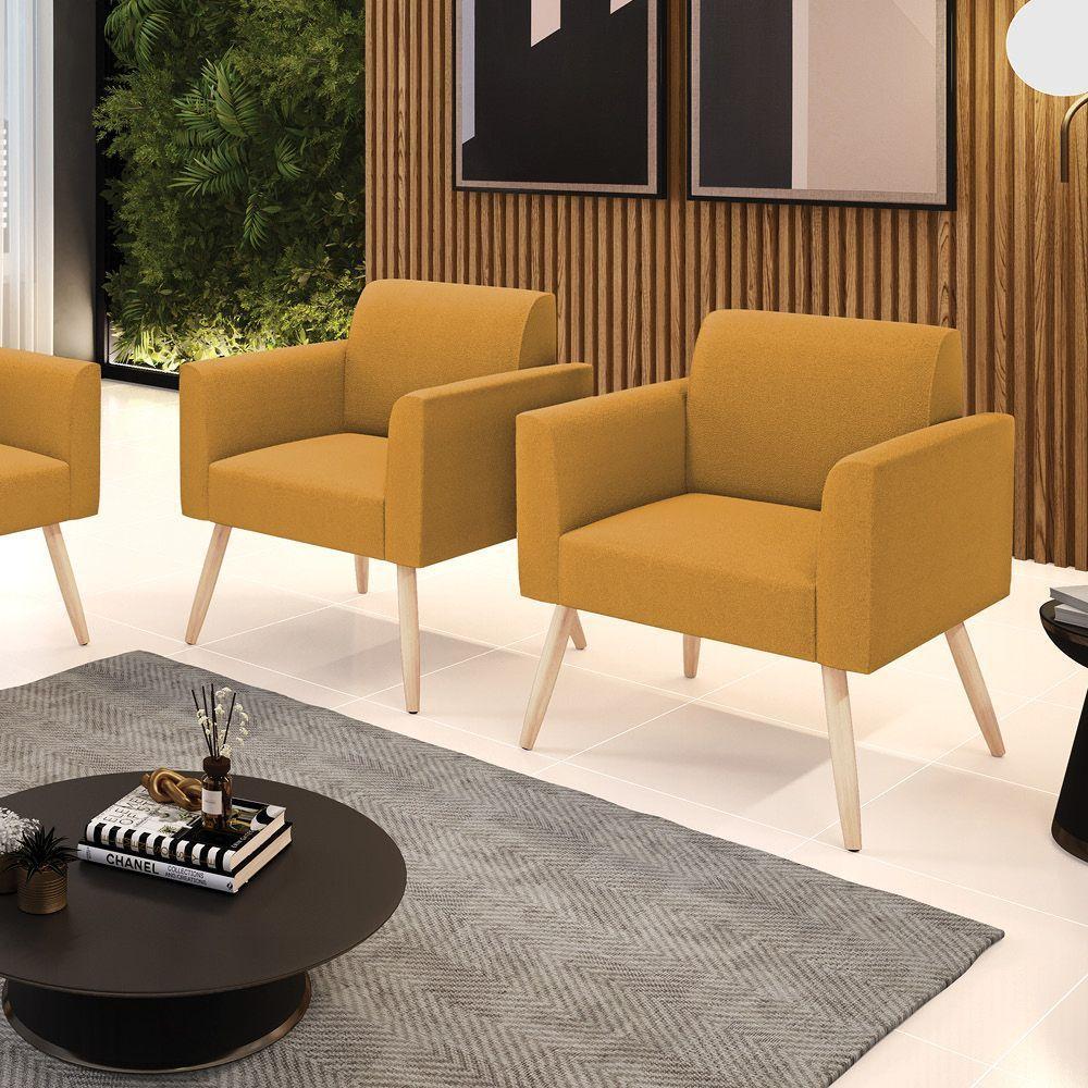 Poltrona Sala Estar Pé Palito Natural Kit 2 Marisa Bouclê Mostarda D03 - D'rossi - 2