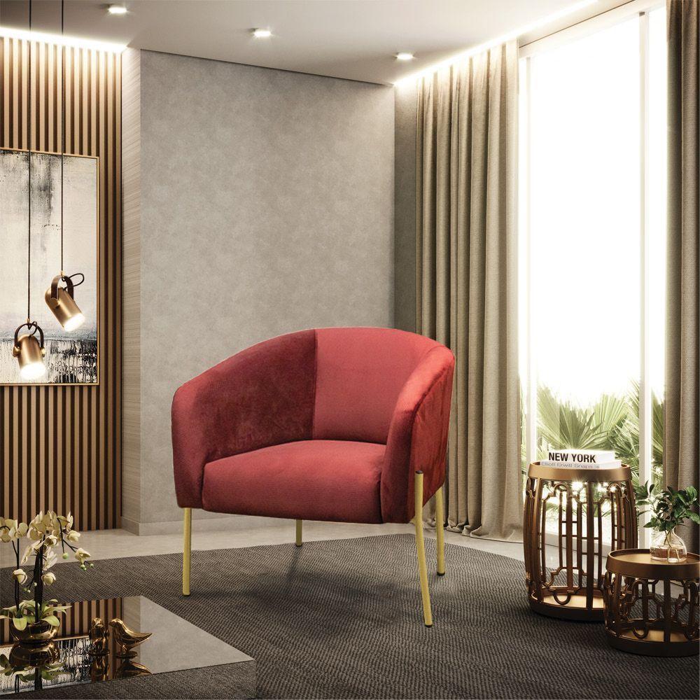 Poltrona Decorativa Pé Ferro Dourado Stella Veludo Text Marsala D03 - D'rossi - 2