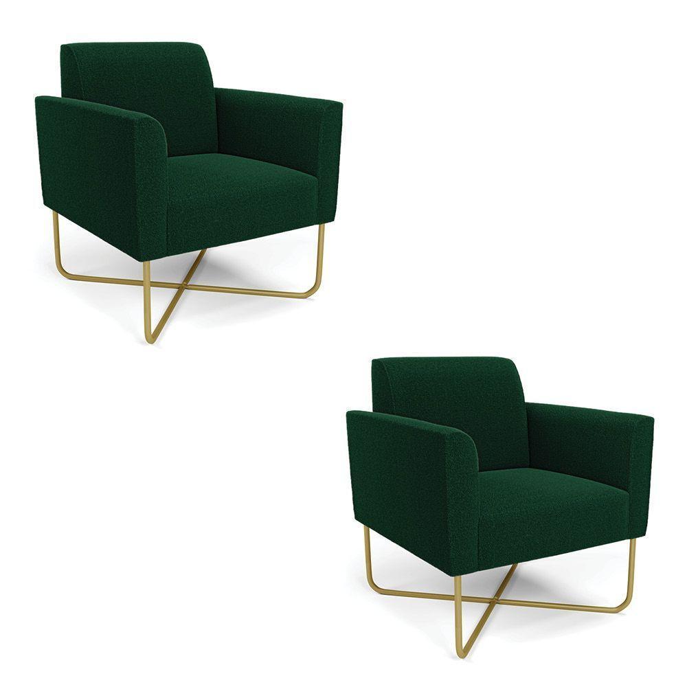 Poltrona Sala Base X Industrial Dourado Kit 2 Marisa Bouclê Verde D03 - D'rossi - 1