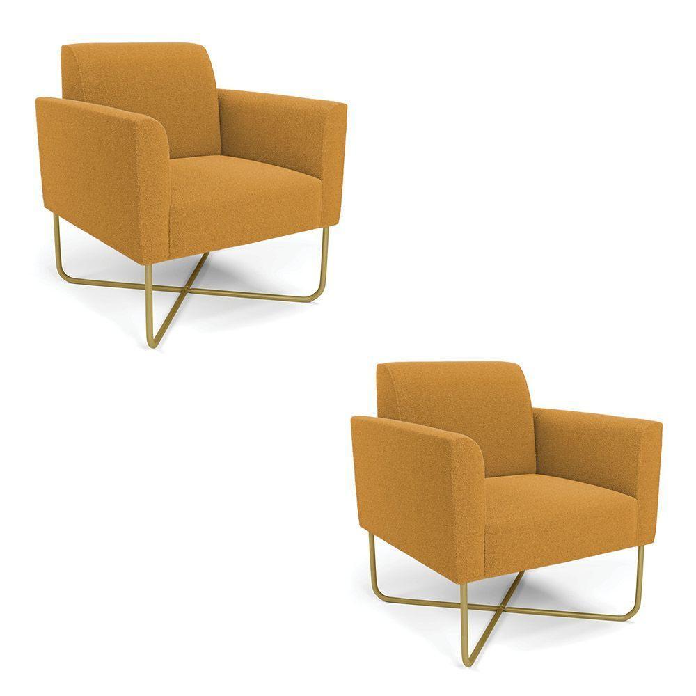Poltrona Sala Base X Industrial Dourado Kit 2 Marisa Bouclê Mostarda D03 - D'rossi - 1