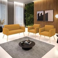 Namoradeira E 2 Poltronas Pé Palito Natural Marisa Bouclê Mostarda D03 - D'rossi - 2