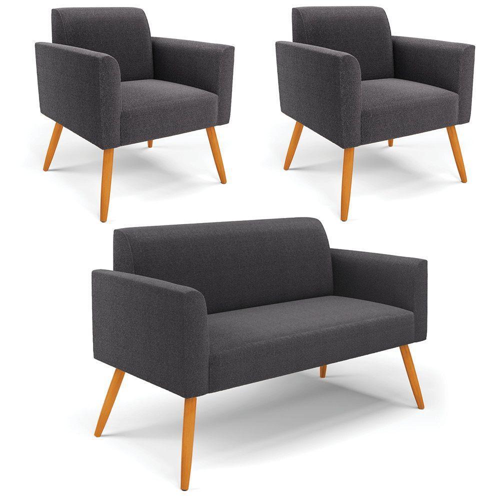 Namoradeira E 2 Poltronas Pé Palito Castanho Marisa Bouclê Grafite D03 - D'rossi - 1