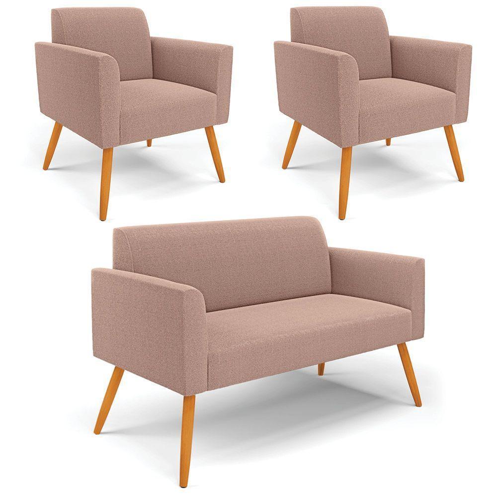 Namoradeira E 2 Poltronas Pé Palito Castanho Marisa Bouclê Rosê D03 - D'rossi - 1