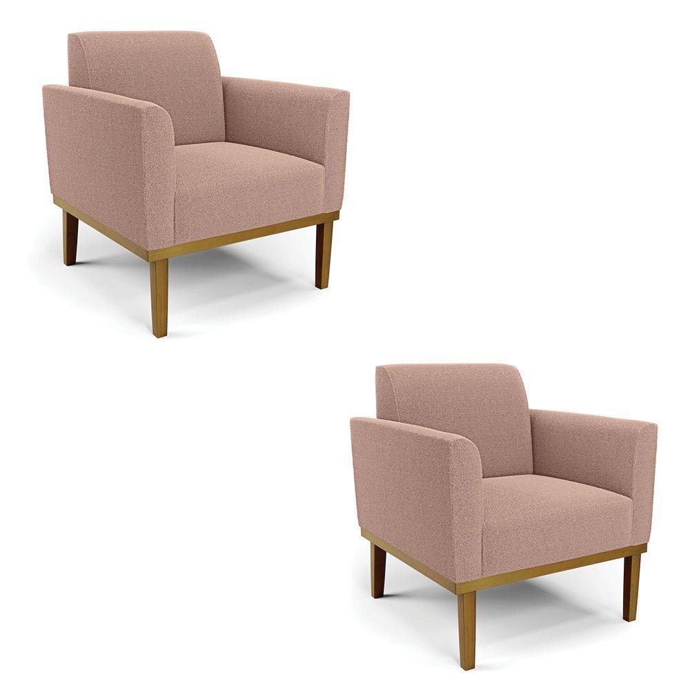 Poltrona Sala Base Madeira Castanho Kit 2 Marisa Bouclê Rosê D03 - D'rossi - 1