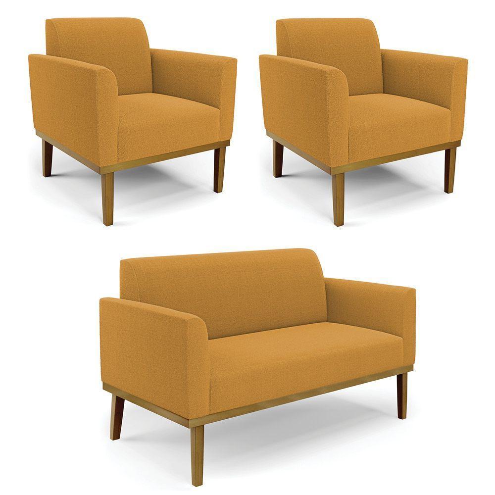 Namoradeira E 2 Poltronas Base Madeira Castanho Marisa Bouclê Mostarda D03 - D'rossi - 1