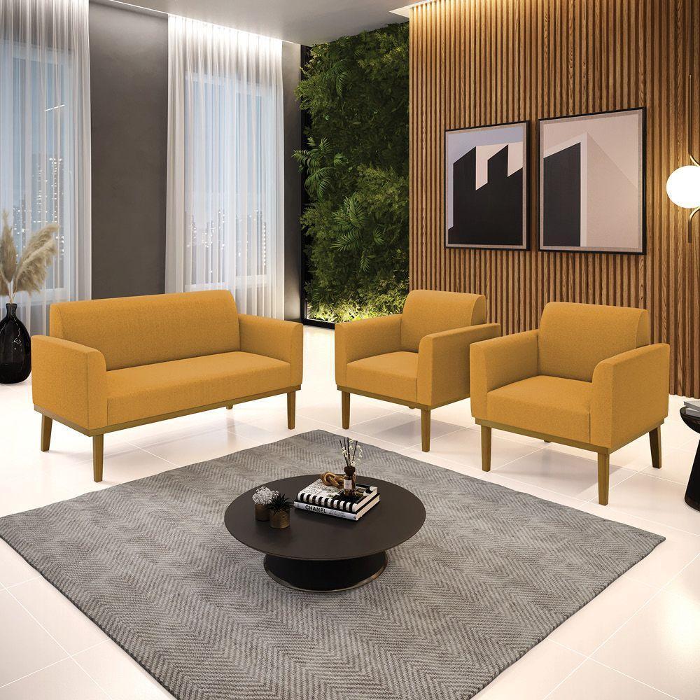 Namoradeira E 2 Poltronas Base Madeira Castanho Marisa Bouclê Mostarda D03 - D'rossi - 2