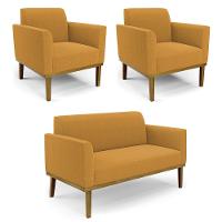 Namoradeira E 2 Poltronas Base Madeira Castanho Marisa Bouclê Mostarda D03 - D'rossi - 1