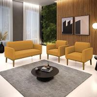 Namoradeira E 2 Poltronas Base Madeira Castanho Marisa Bouclê Mostarda D03 - D'rossi - 2