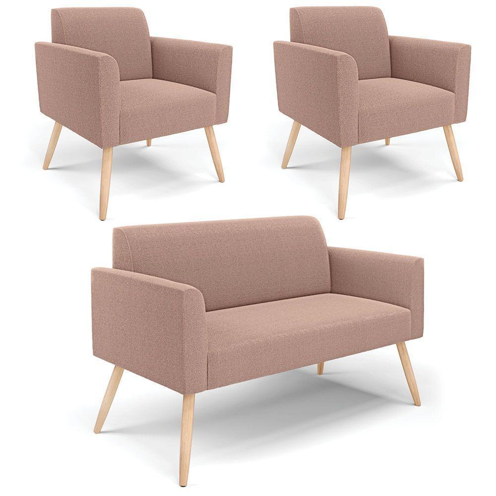 Namoradeira E 2 Poltronas Pé Palito Natural Marisa Bouclê Rosê D03 - D'rossi - 1