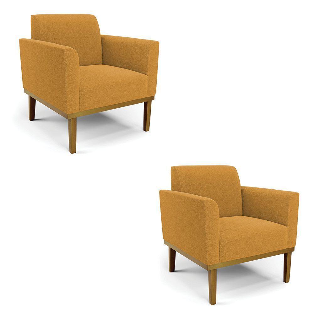 Poltrona Sala Base Madeira Castanho Kit 2 Marisa Bouclê Mostarda D03 - D'rossi - 1