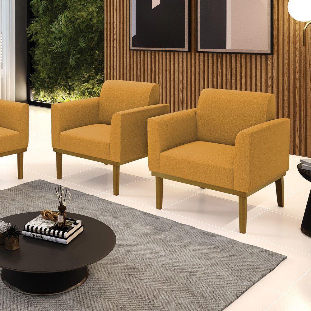 Poltrona Sala Base Madeira Castanho Kit 2 Marisa Bouclê Mostarda D03 - D'rossi - 2