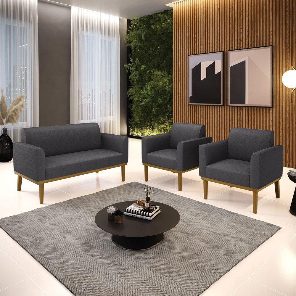 Namoradeira E 2 Poltronas Base Madeira Castanho Marisa Bouclê Grafite D03 - D'rossi - 2