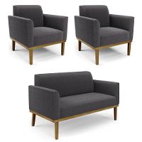 Namoradeira E 2 Poltronas Base Madeira Castanho Marisa Bouclê Grafite D03 - D'rossi - 1