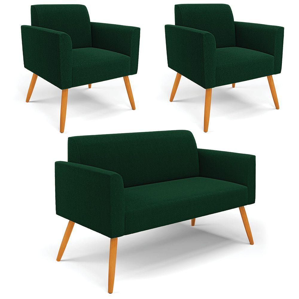 Namoradeira E 2 Poltronas Pé Palito Castanho Marisa Bouclê Verde D03 - D'rossi - 1