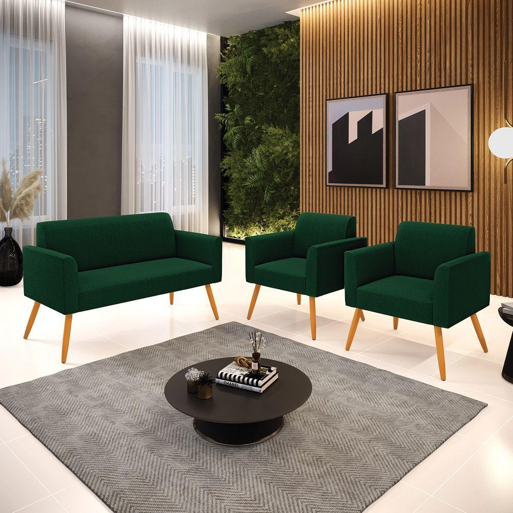 Namoradeira E 2 Poltronas Pé Palito Castanho Marisa Bouclê Verde D03 - D'rossi - 2