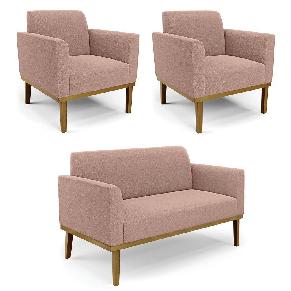 Namoradeira E 2 Poltronas Base Madeira Castanho Marisa Bouclê Rosê D03 - D'rossi - 1