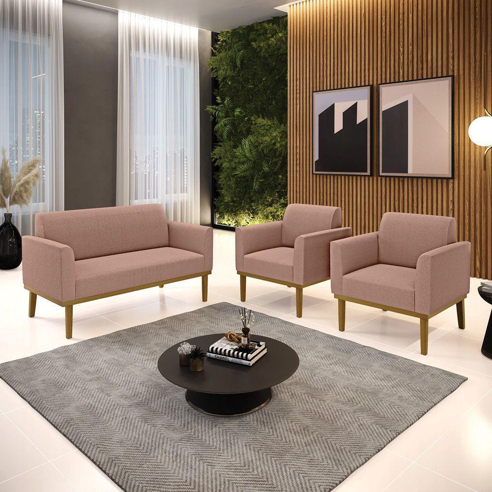 Namoradeira E 2 Poltronas Base Madeira Castanho Marisa Bouclê Rosê D03 - D'rossi - 2