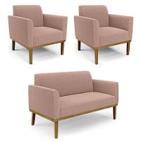 Namoradeira E 2 Poltronas Base Madeira Castanho Marisa Bouclê Rosê D03 - D'rossi - 1