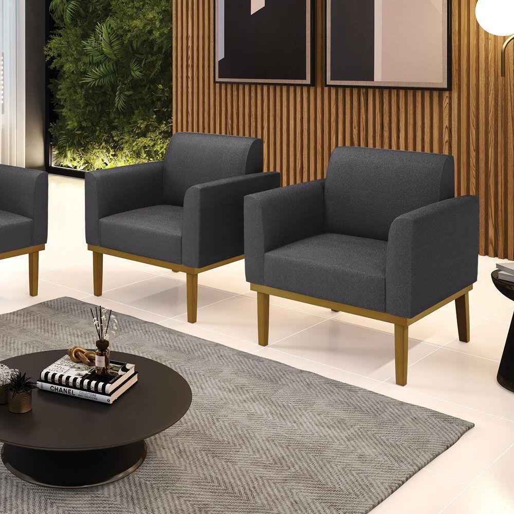 Poltrona Sala Base Madeira Castanho Kit 2 Marisa Bouclê Grafite D03 - D'rossi - 2