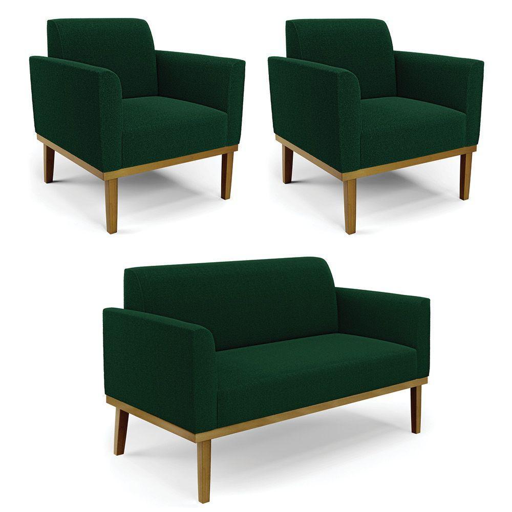 Namoradeira E 2 Poltronas Base Madeira Castanho Marisa Bouclê Verde D03 - D'rossi - 1