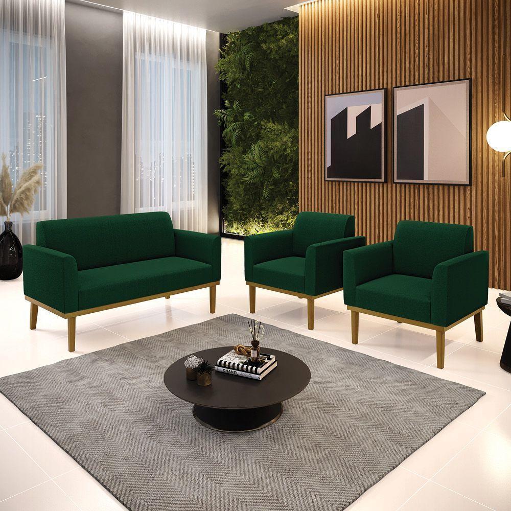 Namoradeira E 2 Poltronas Base Madeira Castanho Marisa Bouclê Verde D03 - D'rossi - 2