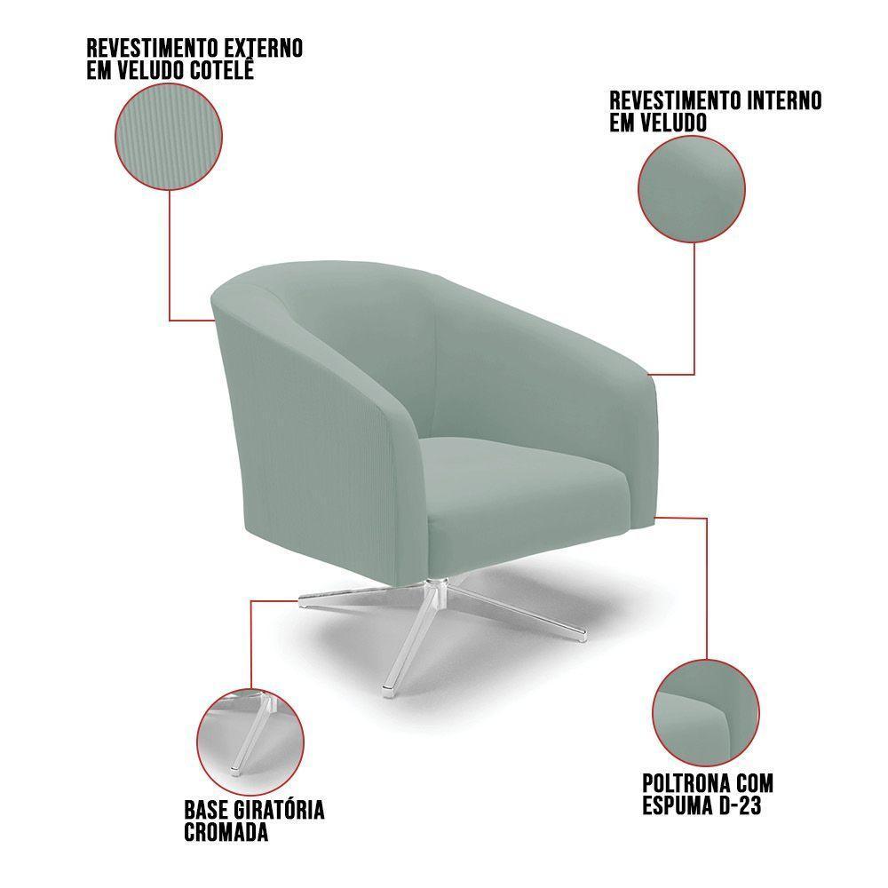 Poltrona Decorativa Giratória Cromada Kit 2 Stella Cotelê Ext/veludo Menta D03 - D'rossi - 3