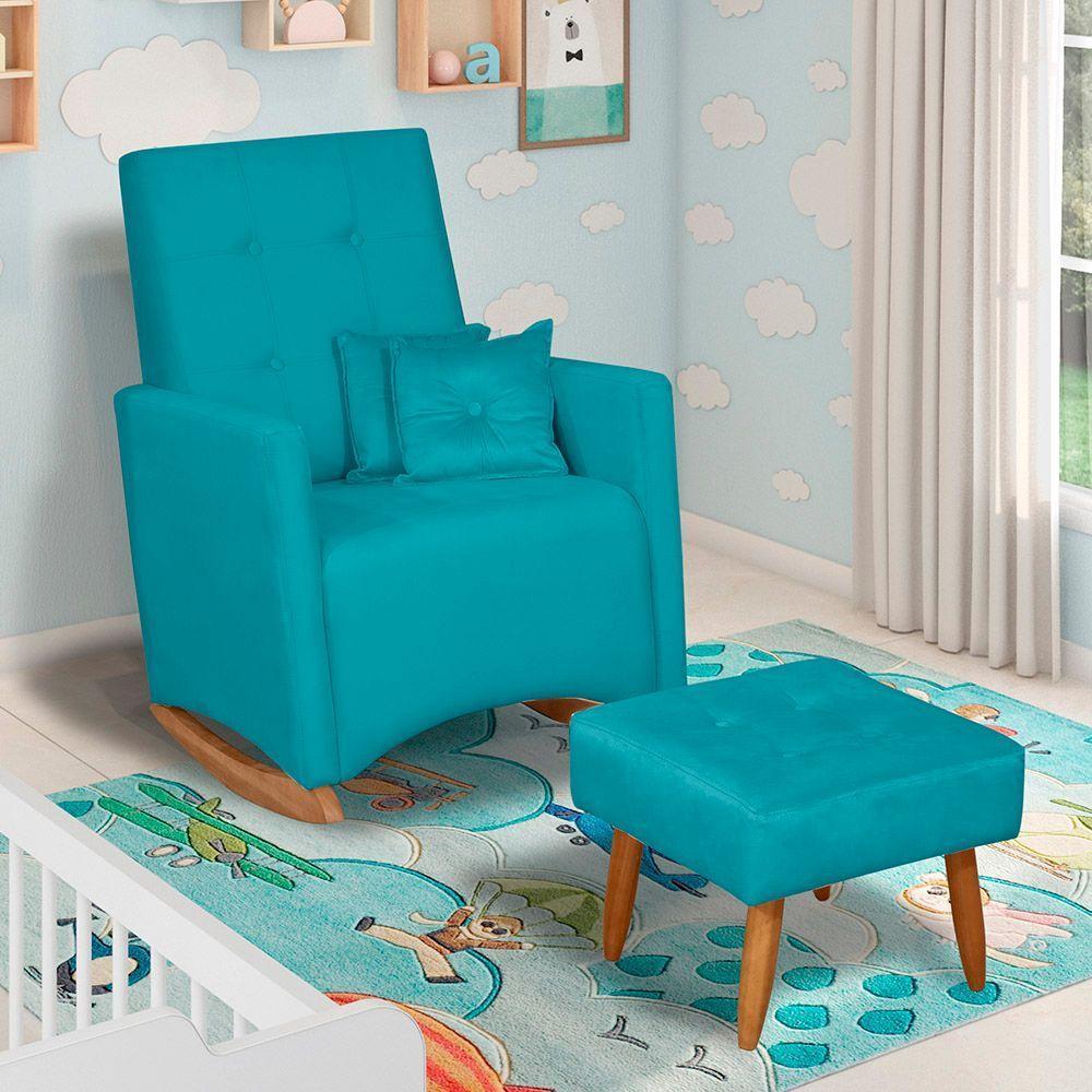 Poltrona De Amamentação Com Balanço E Puff Lizzi Veludo Azul Turquesa F06 - D'rossi - 2