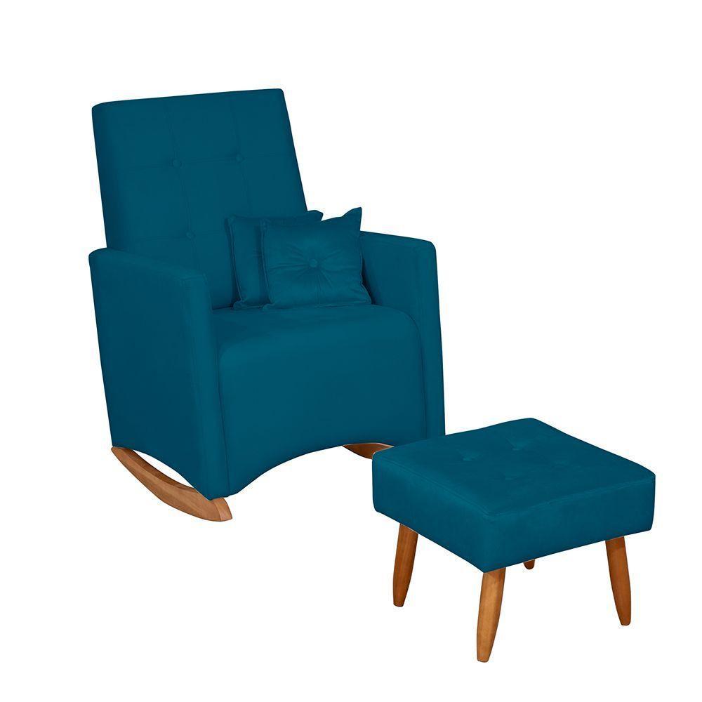 Poltrona De Amamentação Com Balanço E Puff Lizzi Veludo Azul F06 - D'rossi - 1