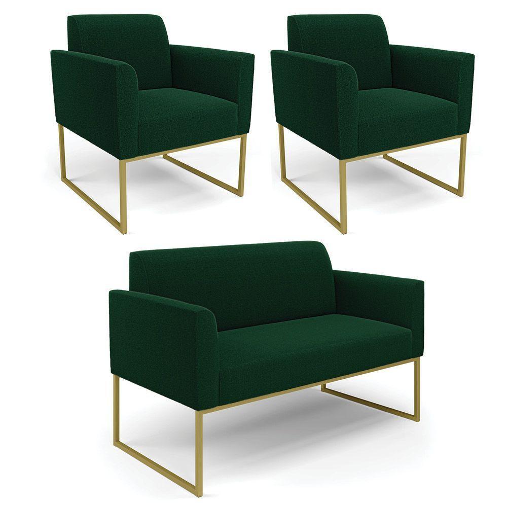 Namoradeira E 2 Poltronas Industrial Dourado Marisa Bouclê Verde D03 - D'rossi - 1
