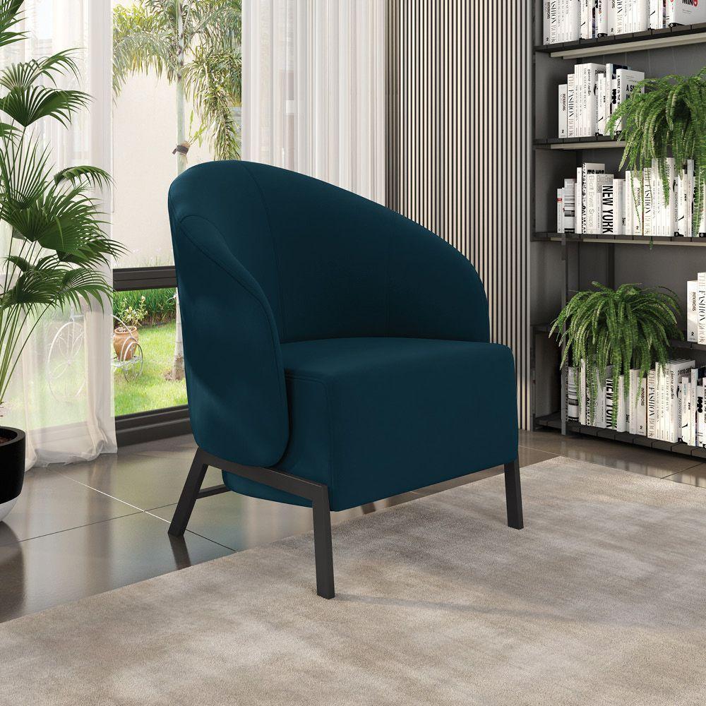 Poltrona Sala De Estar Base Industrial Luar Veludo Azul K01 - D'rossi - 2