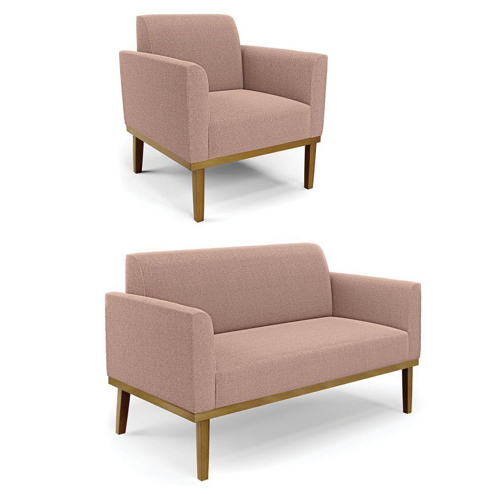 Namoradeira E Poltrona Base Madeira Castanho Marisa Bouclê Rosê D03 - D'rossi - 1