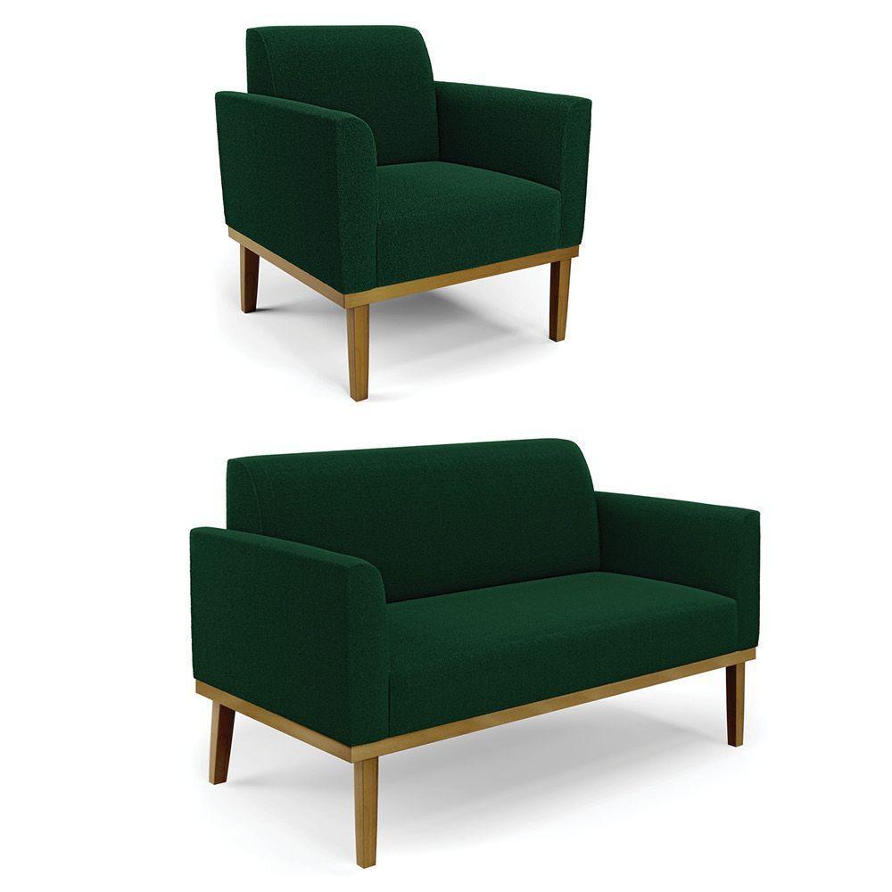 Namoradeira E Poltrona Base Madeira Castanho Marisa Bouclê Verde D03 - D'rossi - 1